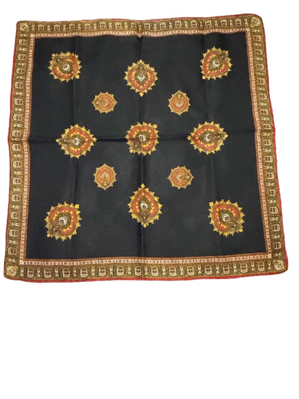 Vintage Black Paisley Print Scarf Handkerchief Red Gold Border 19 Inch Square